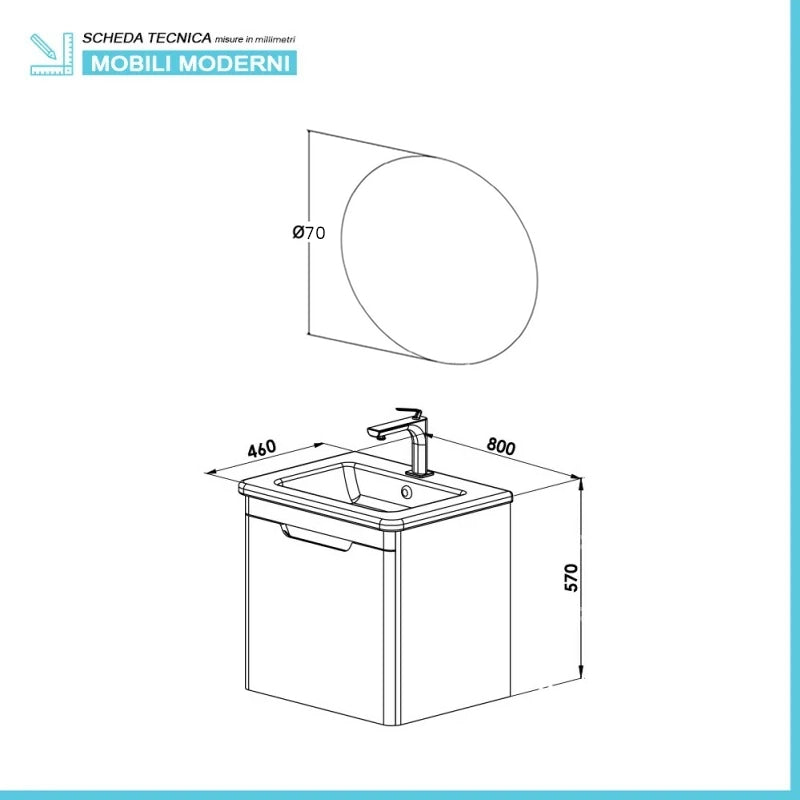 Mobile bagno sospeso 80 cm grigio lucido con specchio 70x90 Stillo