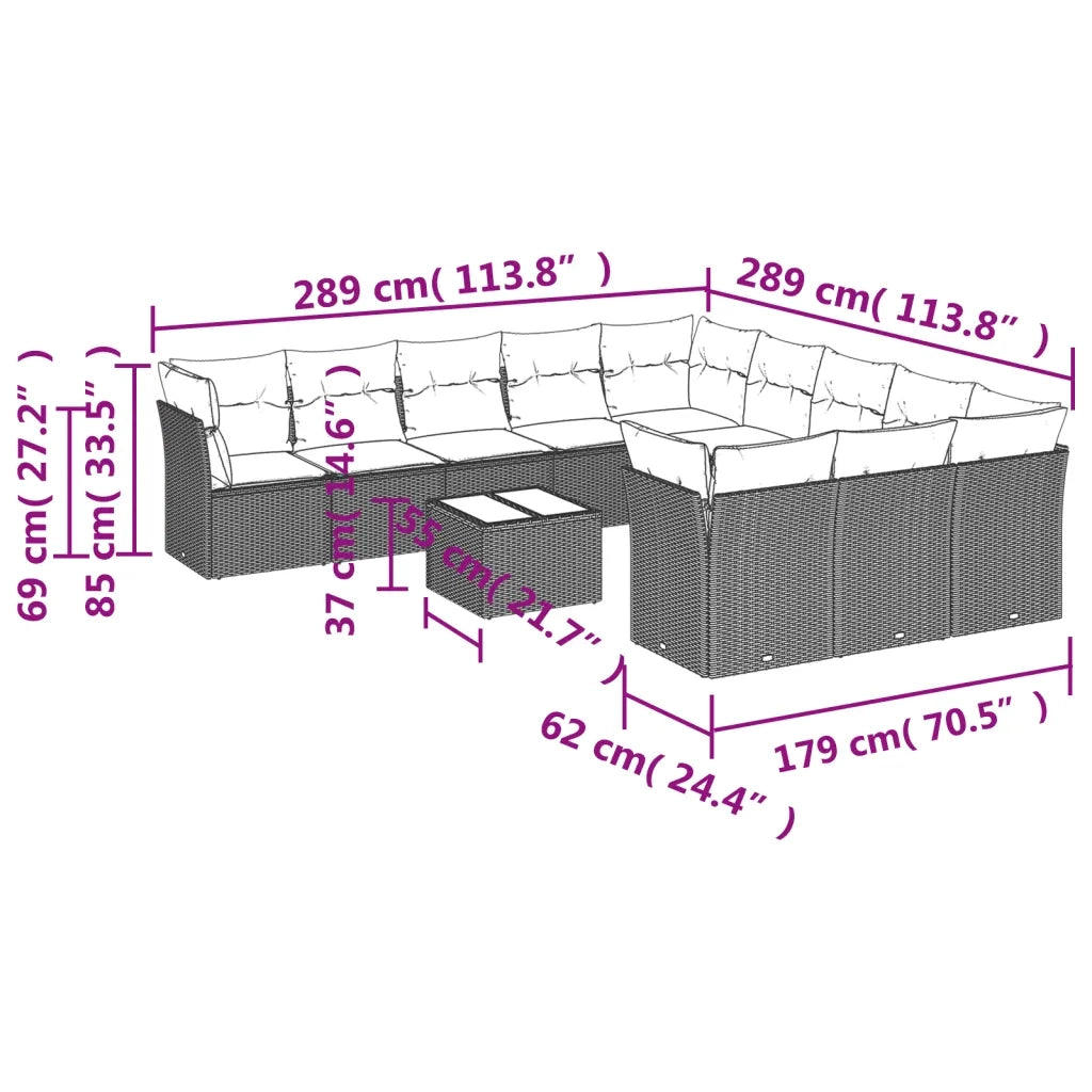 Set Divani da Giardino 12 pz con Cuscini Nero in Polyrattan