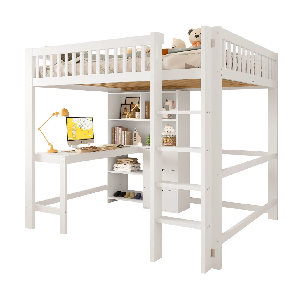 OKWISH Letto a soppalco 140×200 cm, Letto matrimoniale con Scrivania, 3 Cassetti, Mensole e Scala, senza Materasso, in Pino, Bianco