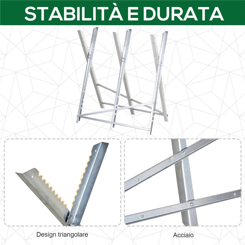 CAVALLETTO TAGLIALEGNA PIEGHEVOLE E TRIANGOLARE IN METALLOCON DENTI SEGHETTATI, 83X83X79 CM, ARGENTO
