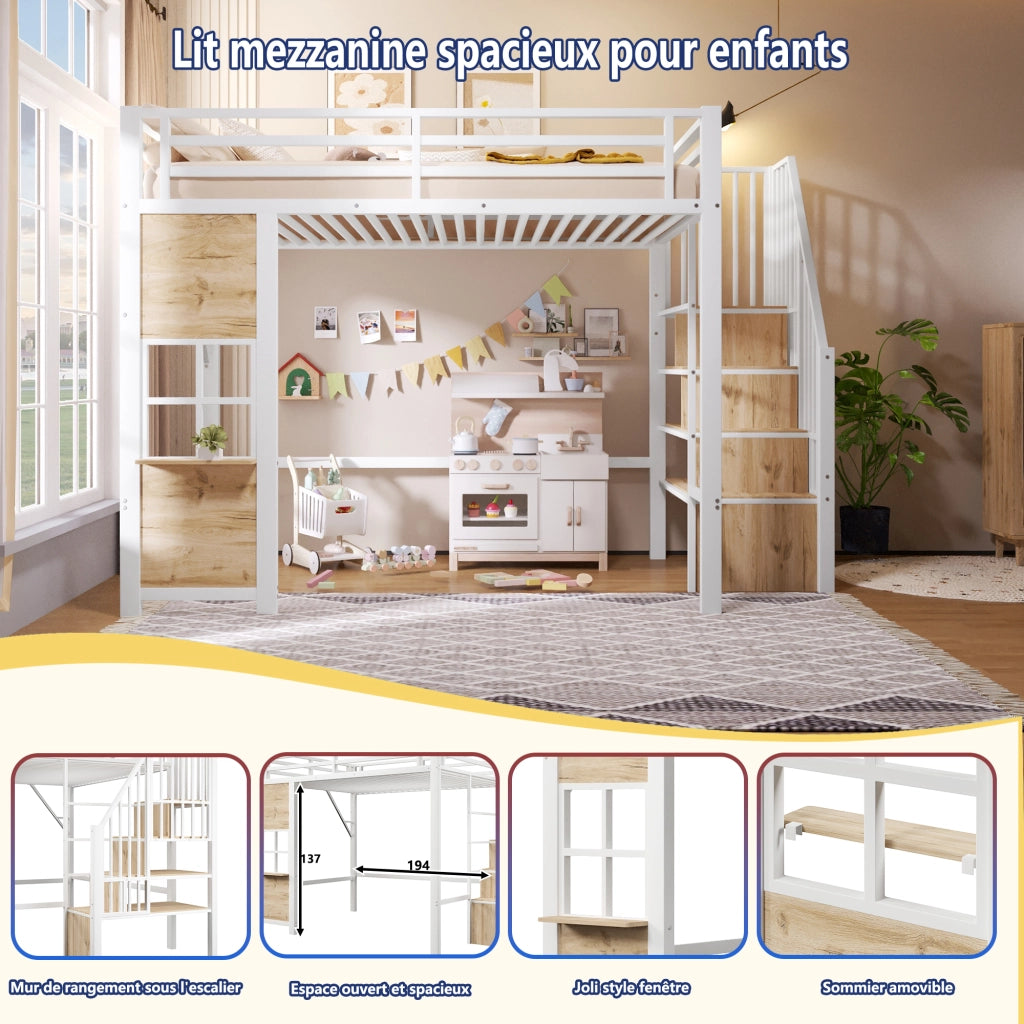 LETTO a soppalco 90x200 cm in metallo e MDF bianco con scala contenitore