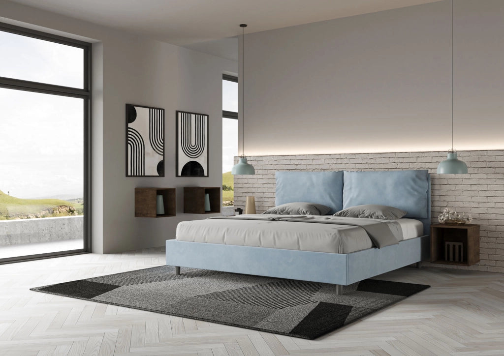 Letto Matrimoniale King Size 200x210 cm con Rete e Contenitore Imbottito in Microfibra Antea Large Azzurro