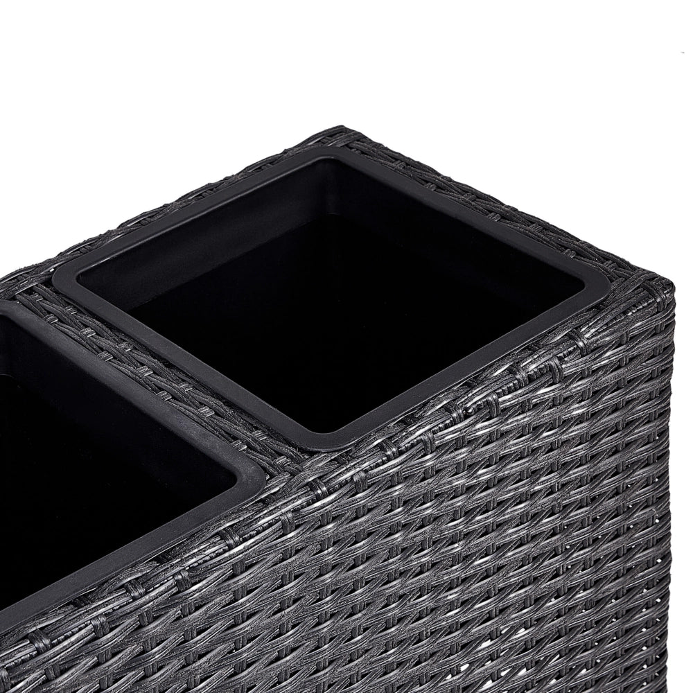 Vaso per piante su ruote in finto PE Rattan nero con 3 inserti interni ed esterni