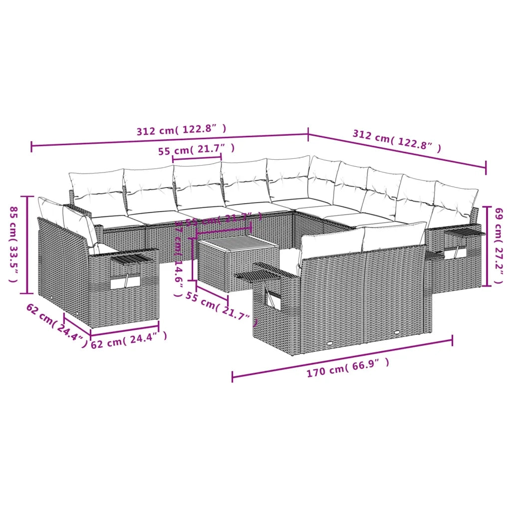 Set Divani da Giardino 14pz con Cuscini in Polyrattan Nero 3224837