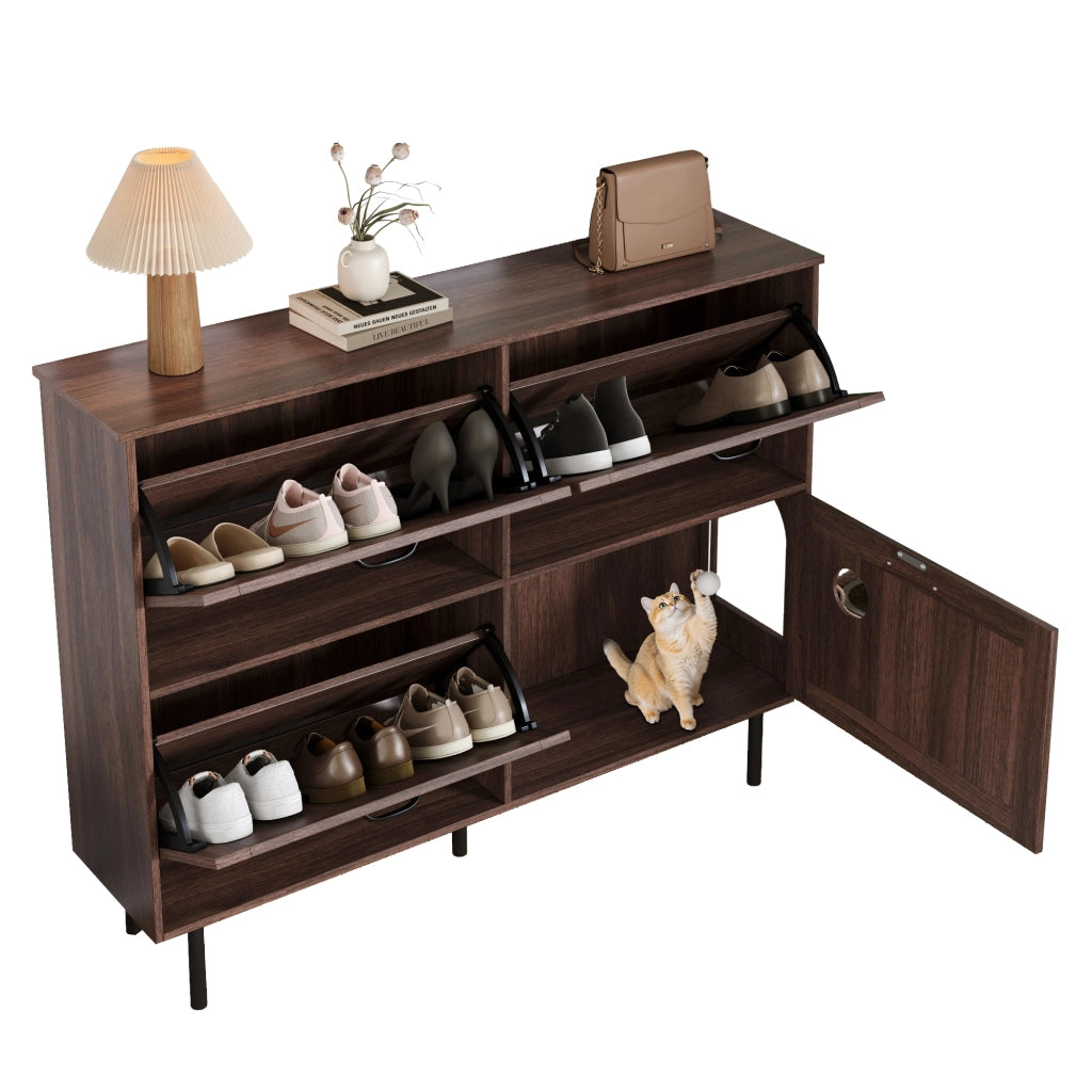 OKWISH Scarpiera con 4 Ante e 3 Ribalte, Gioco Integrato per Gatto, per Ingresso, Noce Naturale 120 x 28 x 92 cm
