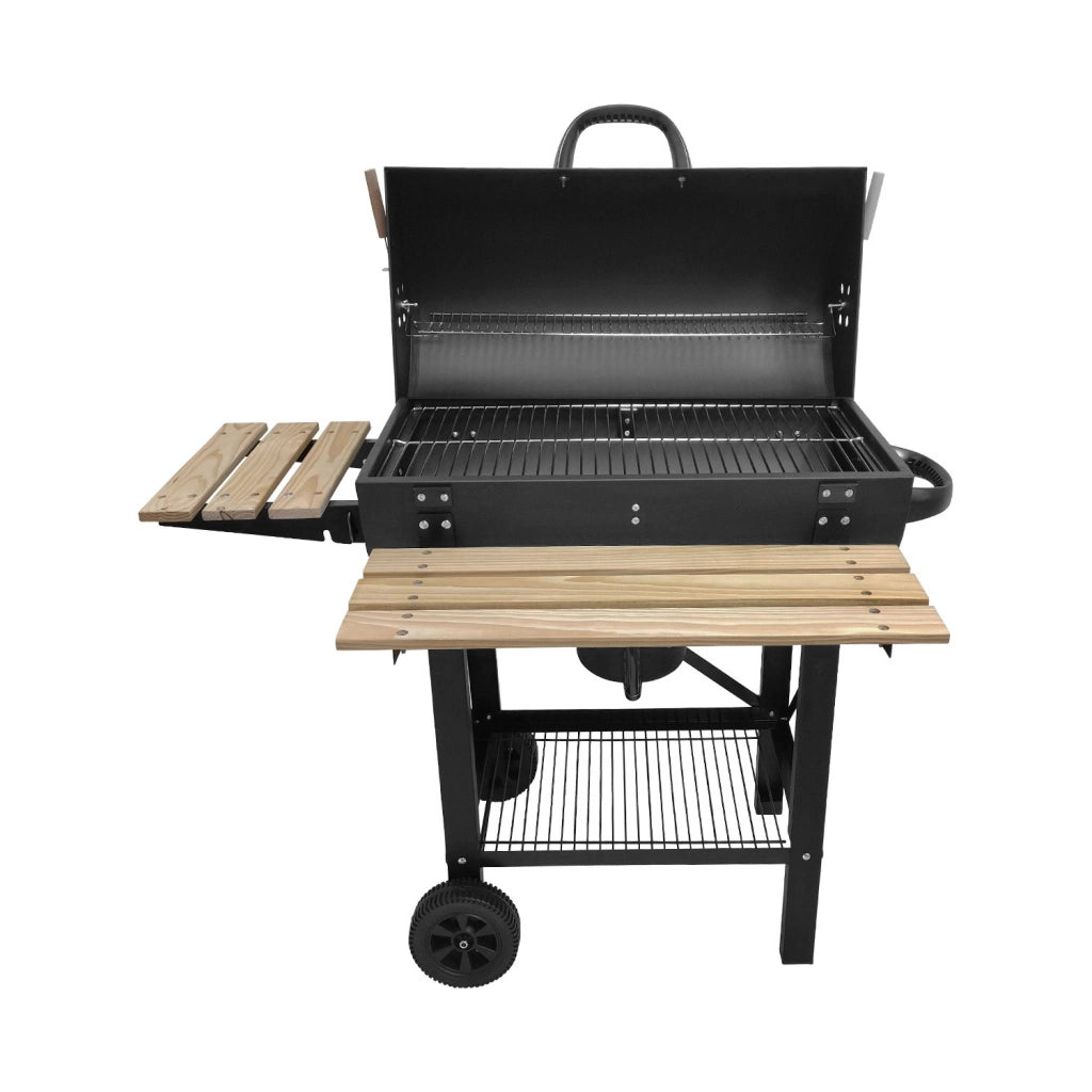 Barbecue a carbone, griglia e affumicatore americano, ruote e ripiani