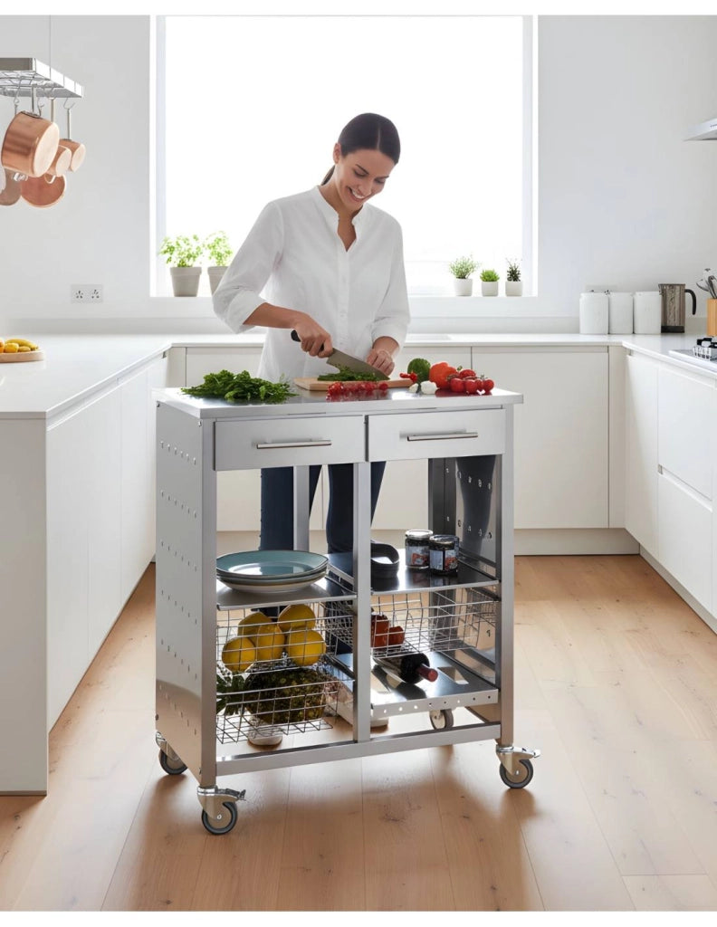 Carrello da cucina grande, molto elegante e con grande capacità, MALMÖ INOX
