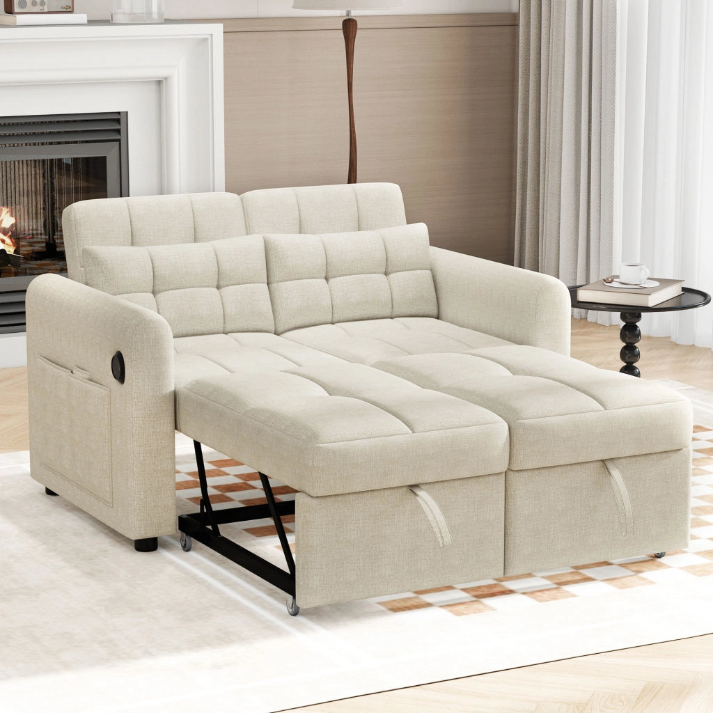 Divano Letto 2 Posti con Schienale Regolabile USB e Tasche Laterali in Cotone Lino Beige