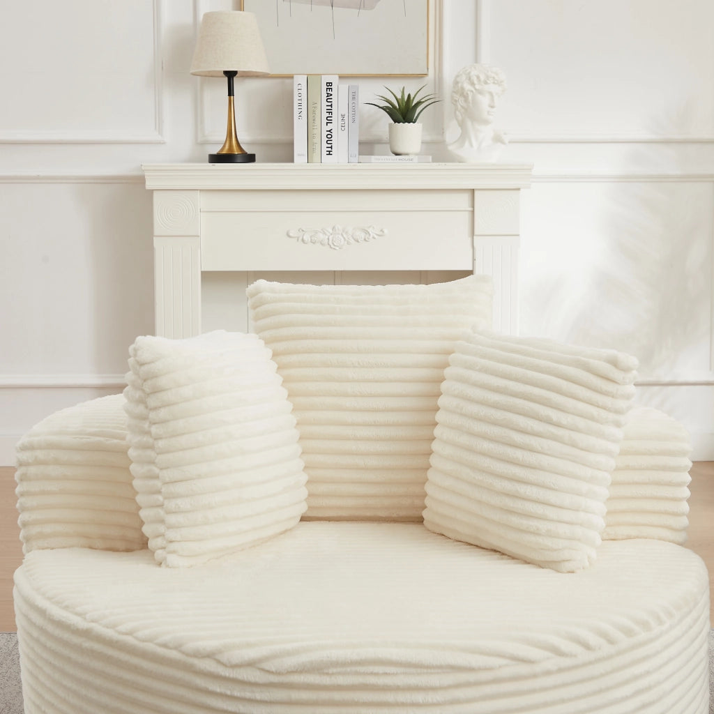 Poltrona lounge rotonda con braccioli larghi e 3 cuscini in velluto a coste, schiuma e molle, beige