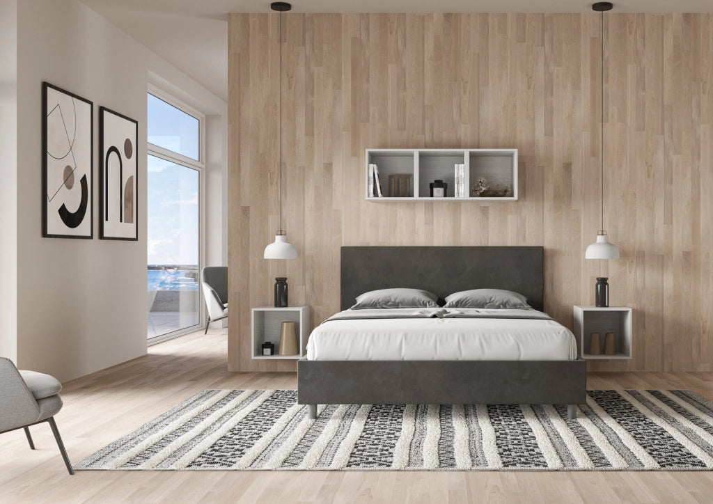 BS COM Letto matrimoniale contenitore imbottito 160x210 microfibra grigio