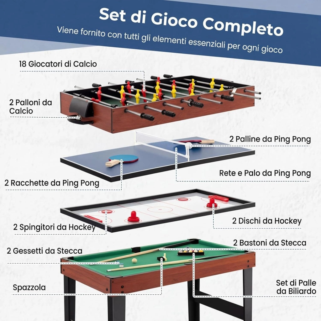 4 in 1 Tavolo Multigioco, Calcio Balilla/Tavolo da Biliardo/Ping Pong/Air Hockey, Calcetto Multigioco Impilabile per Casa Feste Bar, 125x97x83 cm