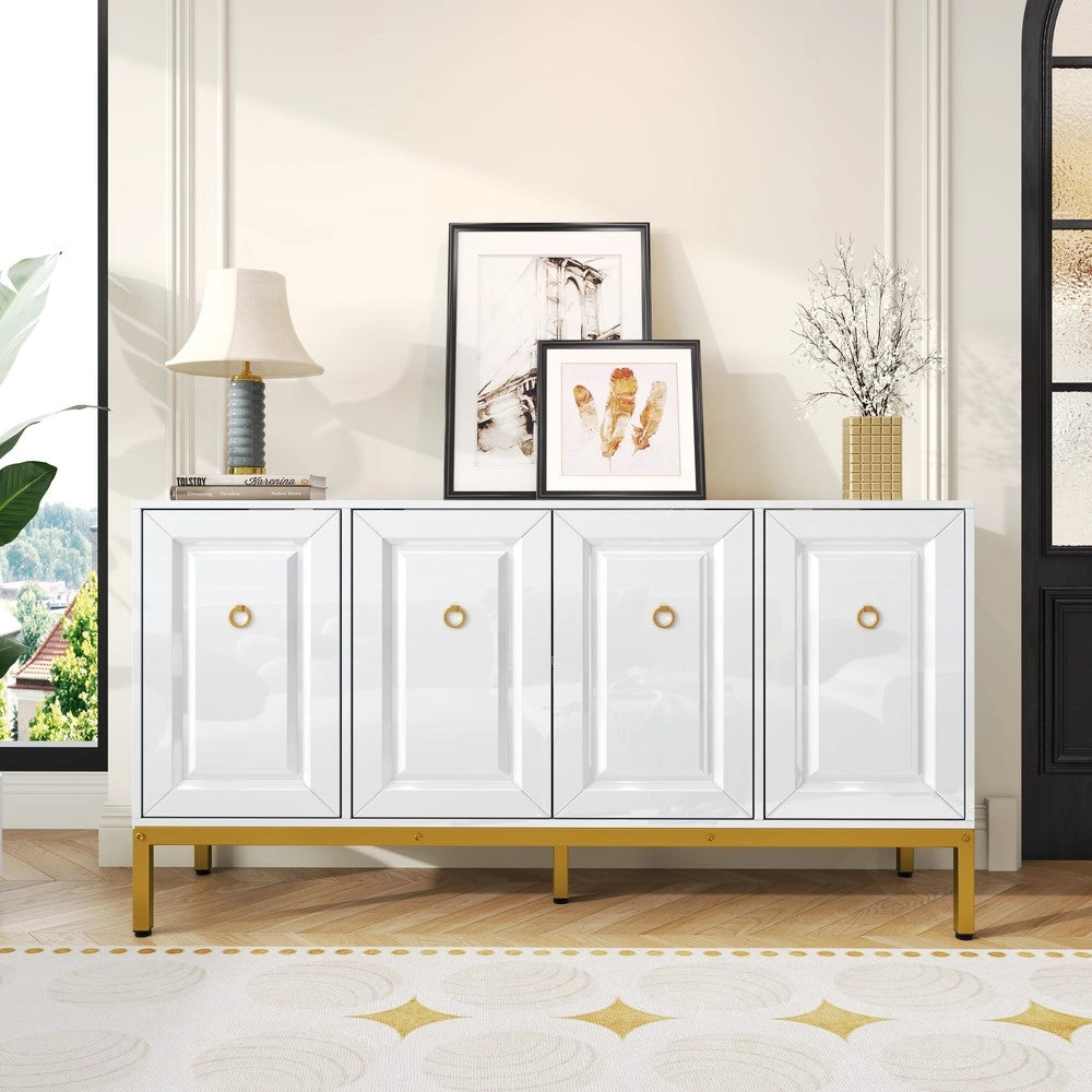 Libreria con Ripiani e Ante ¨C MINIMAL ¨C Bianco Lucido, Gambe Dorate, 140x80x40
