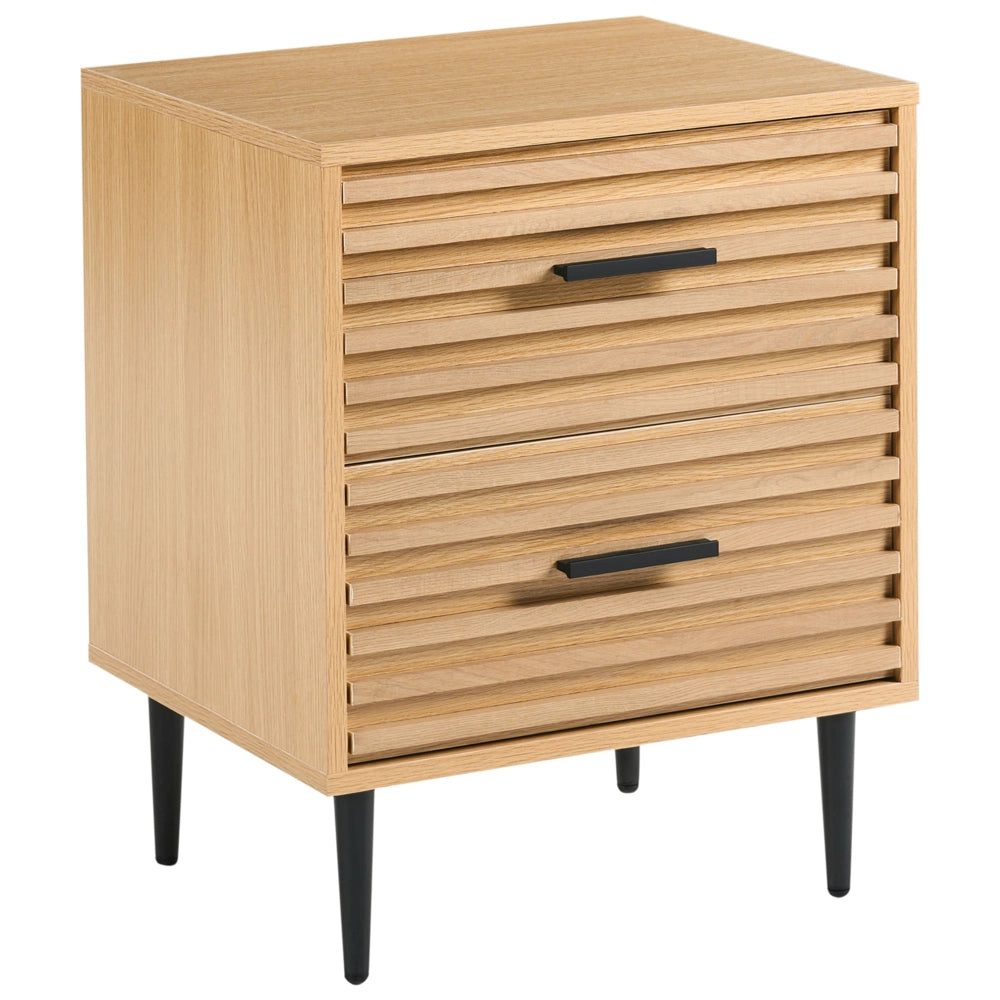 Comodino marrone chiaro in MDF con gambe in ferro e 2 cassetti Tavolino moderno