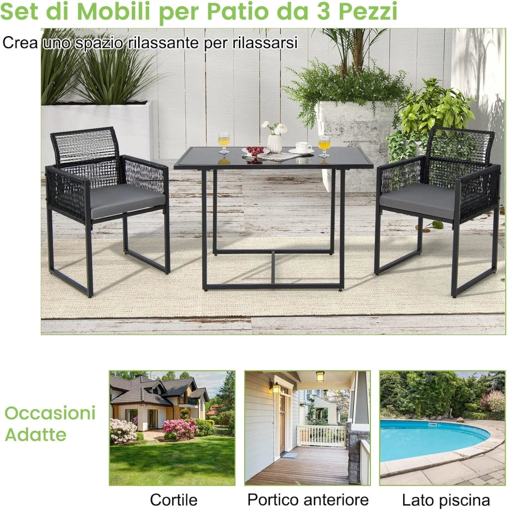 Set di 3 Pezzi Pranzo da Giardino, Set di Tavolo e Sedie da Esterno in Rattan PE con Schienali Pieghevoli, Tavolo in Vetro Temperato, per Balcone Giardino