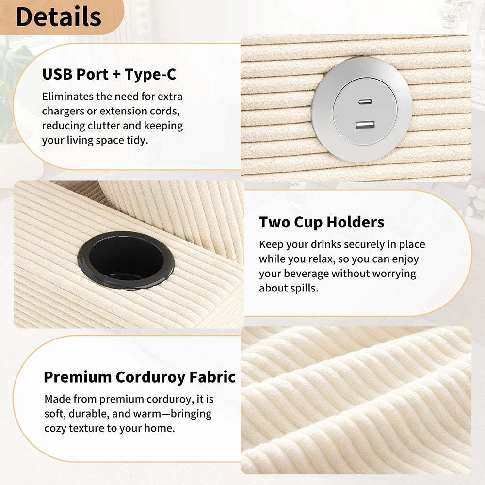 Divano letto XXL - Xylo - Doppio, USB, porta bicchieri, beige, imbottito