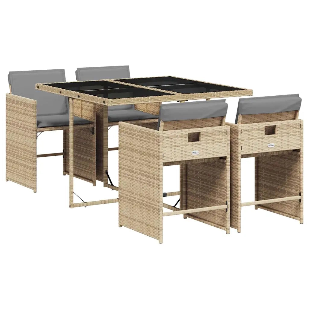 Set Pranzo da Giardino 5 pz | Set Salotto da Giardino con Cuscini Beige Misto Polyrattan