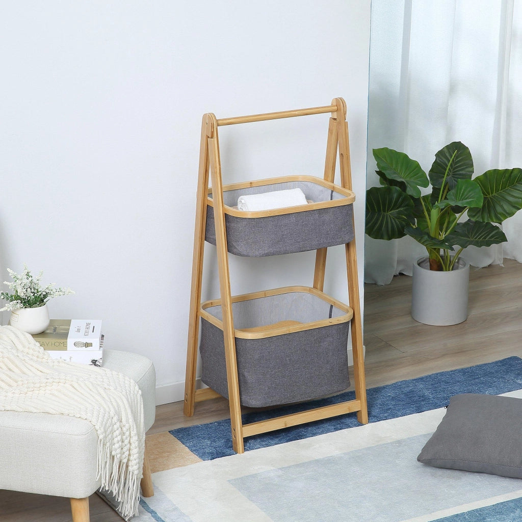 2 Cestini in Tessuto con Supporto Pieghevole 45x35x98 cm in Bambù Grigio