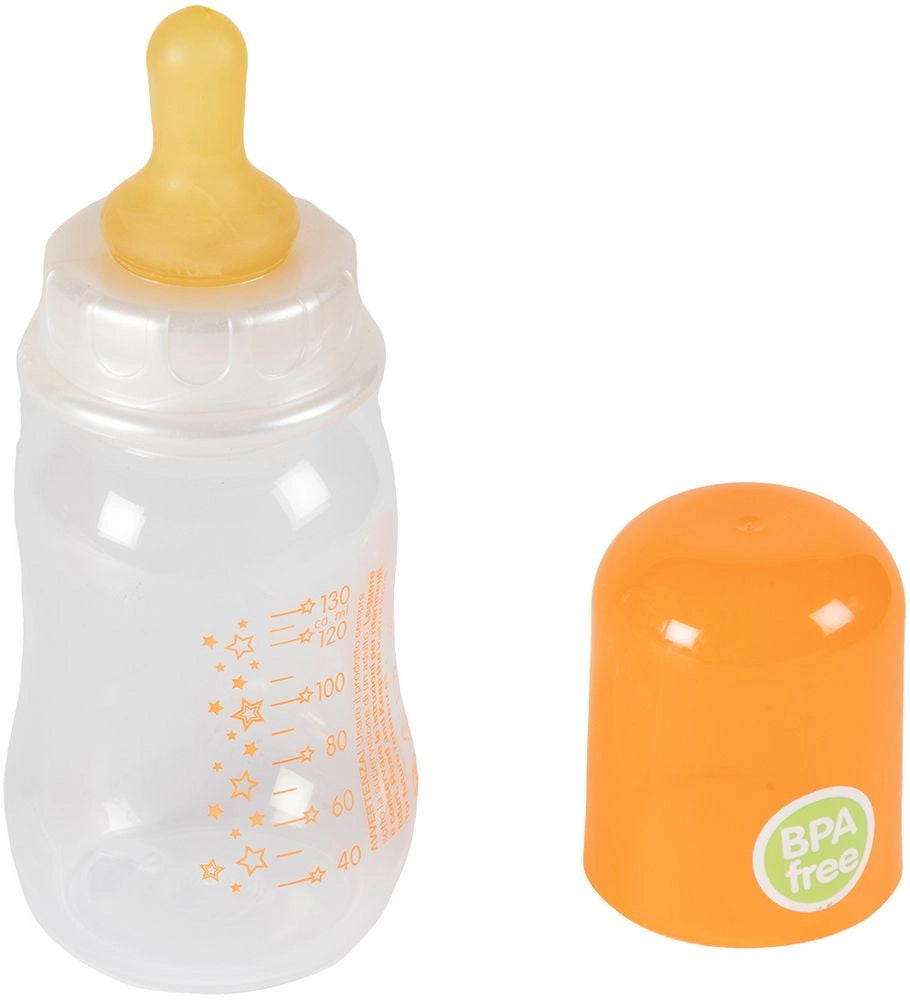 Biberon clindrico decorato per neonati da 130 ml con tettarella in gomma naturale.