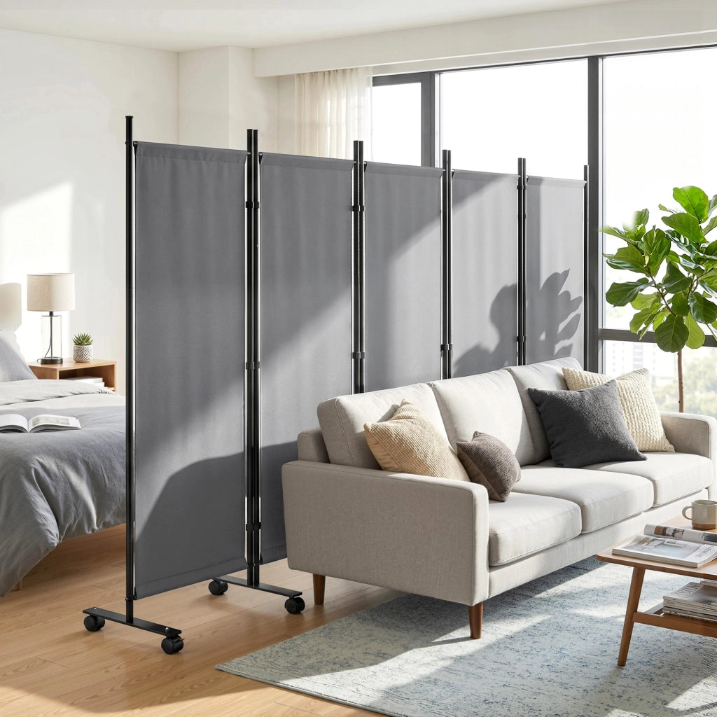 Paravento Divisorio 5 Pannelli ¨C Xylo ¨C 252x40 cm Grigio Scuro con Ruote