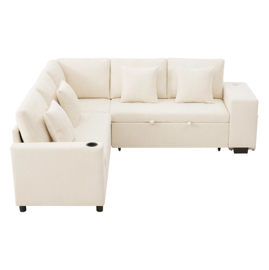 Divano angolare modulare 5 posti con letto e contenitore; in chenille beige; 220x205 cm