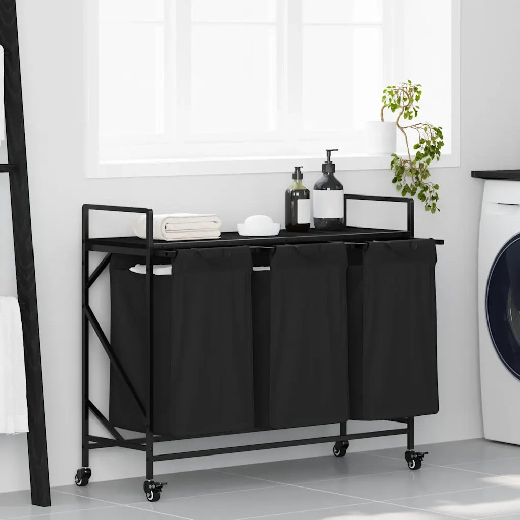Cesto della Biancheria 3 Scomparti con Ruote Rovere Nero 859090