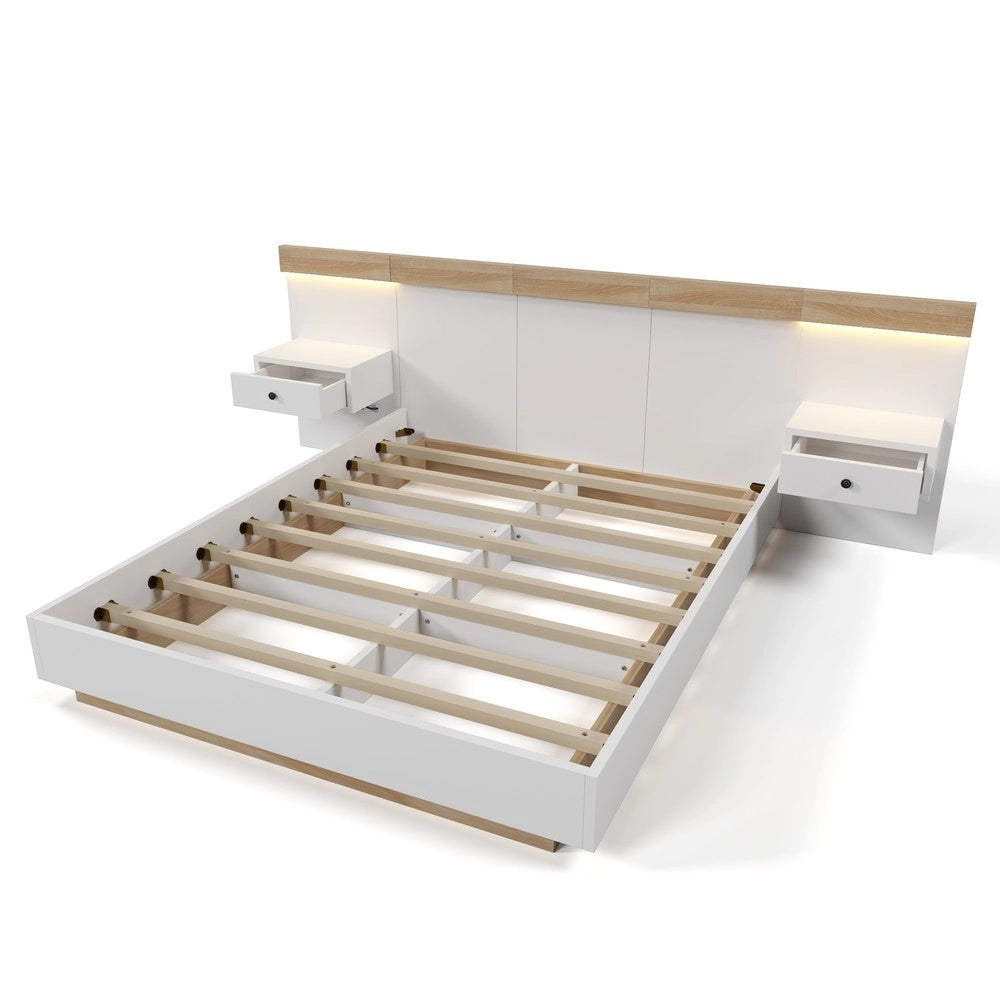 Letto Matrimoniale in Legno con 2 Comodini LED e USB ¨C MINIMAL ¨C Rovere Sonoma/Bianco 180x200