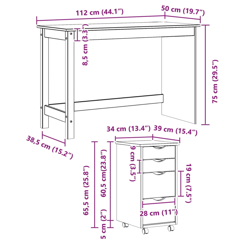 Set scrivania e mobiletto su ruote MOSS 2 pcs Grigio