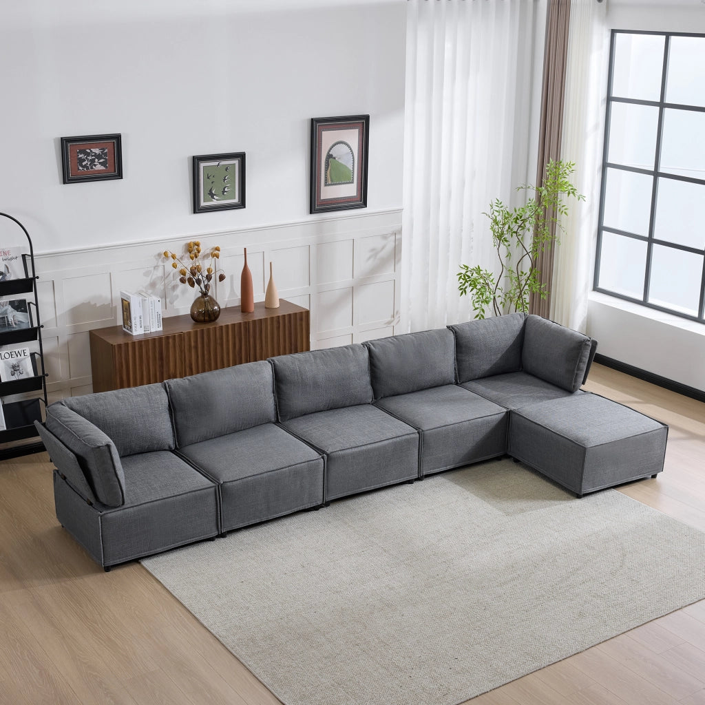 Divano Modulare in Tessuto ¨C MINIMAL ¨C Grigio Scuro, Legno, Componibile
