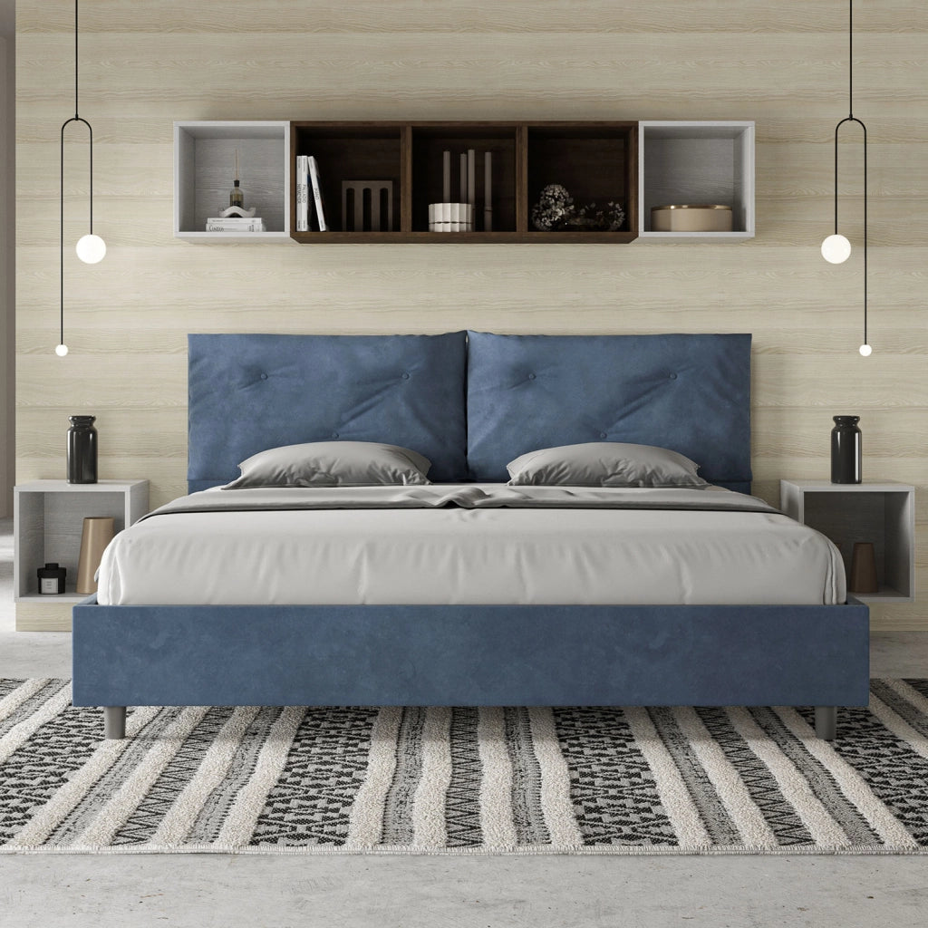 BS COM Letto matrimoniale king size contenitore imbottito 190x210 microfibra blu Large