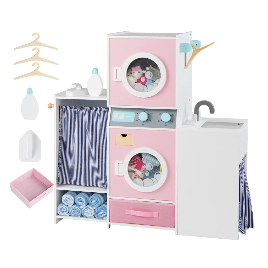 Set gioco lavanderia in legno per bambini con lavatrice giocattolo e ferro da stiro, Accessori per giochi di ruolo con grucce e cassetto in tessuto
