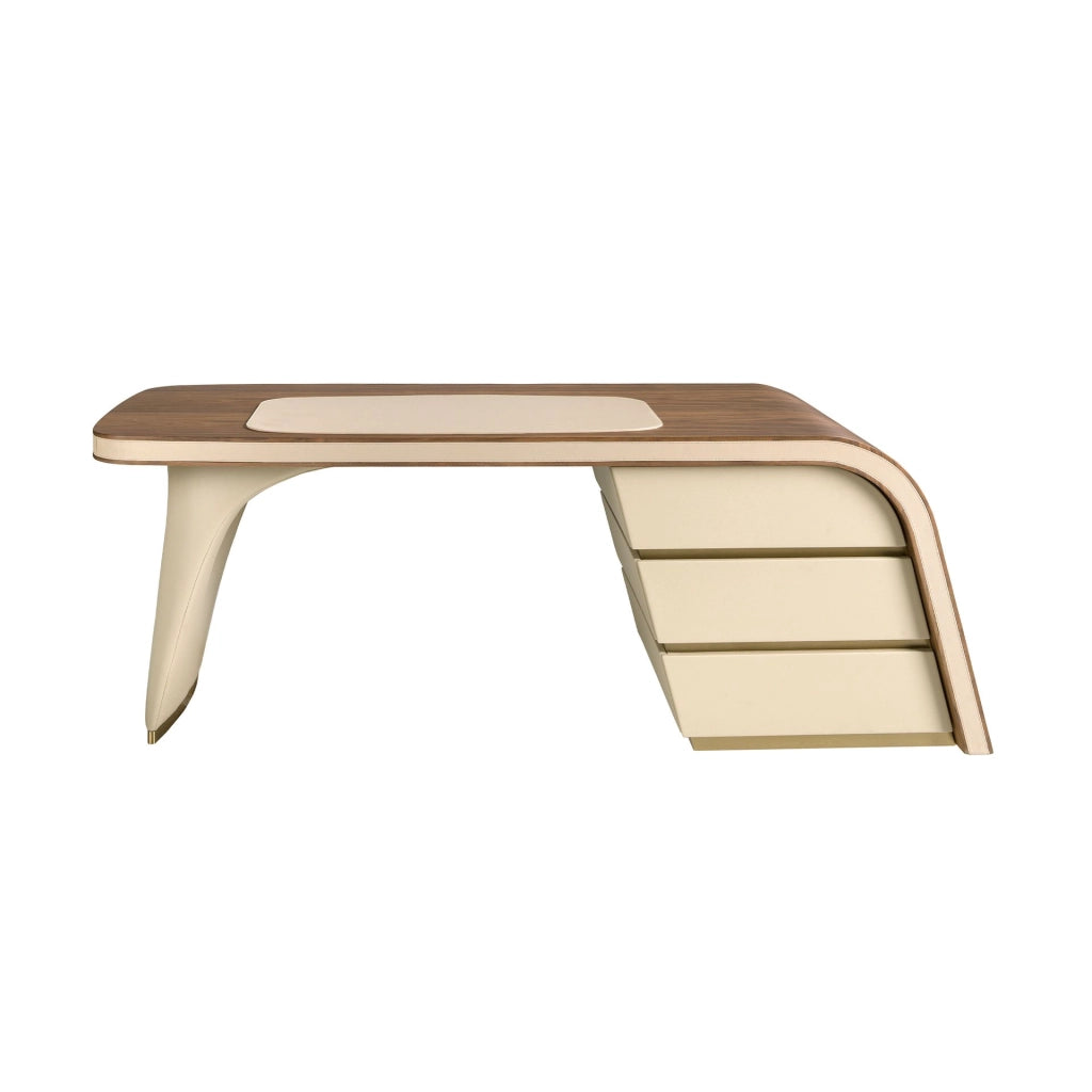 Scrivania in noce e legno rivestita in similpelle crema