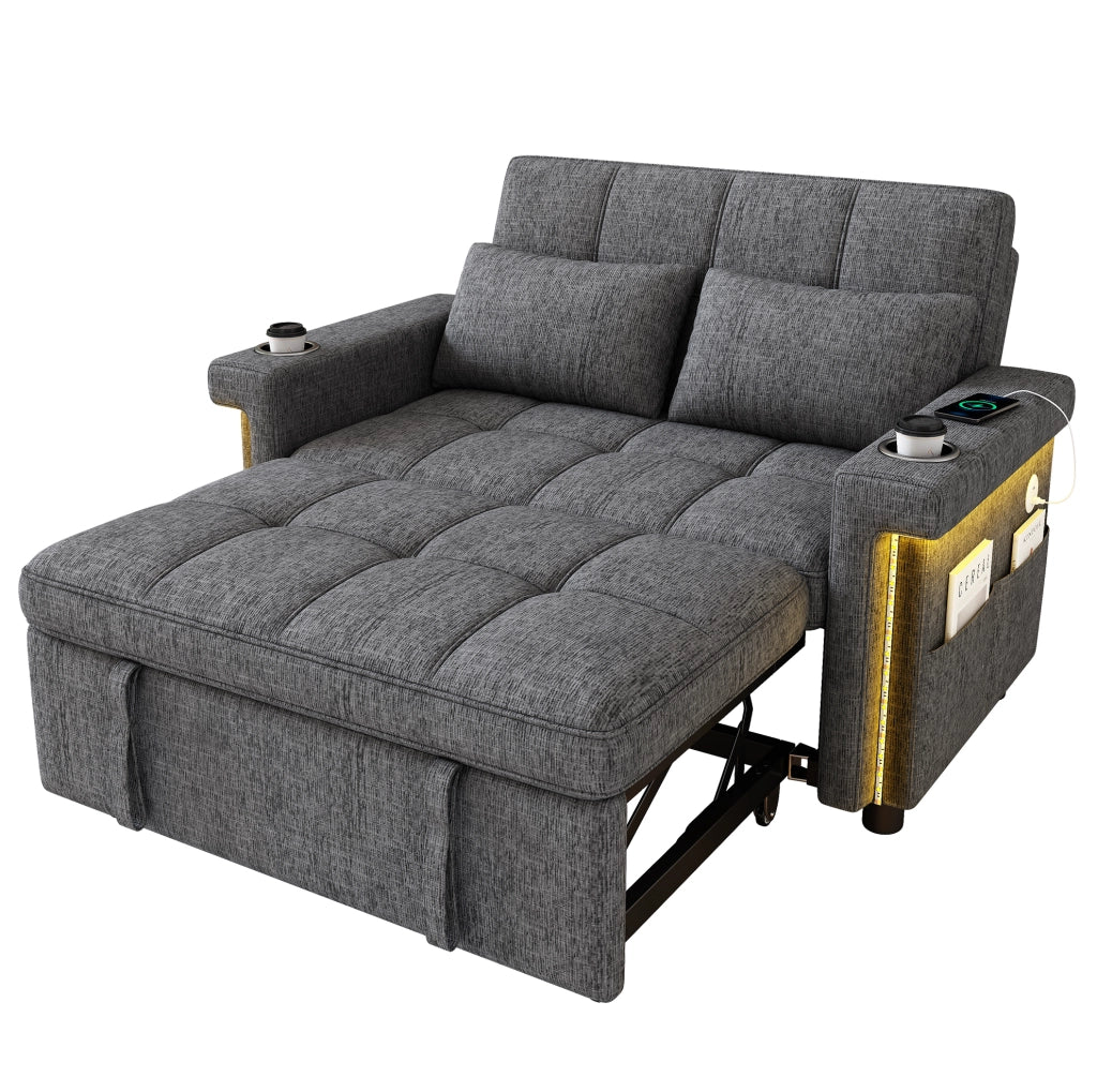 Divano letto 2 posti convertibile 145 x 141;5 x 90 cm in chenille grigio con LED e USB