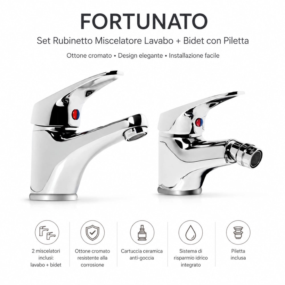 Set rubinetto miscelatore lavabo e bidet in ottone cromato