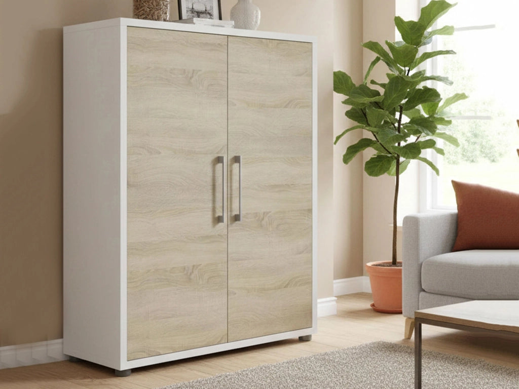 Credenza Warszawa, Buffet da soggiorno, Madia da salotto, Dispensa da cucina, 89x40 h113 cm, Bianco e Quercia