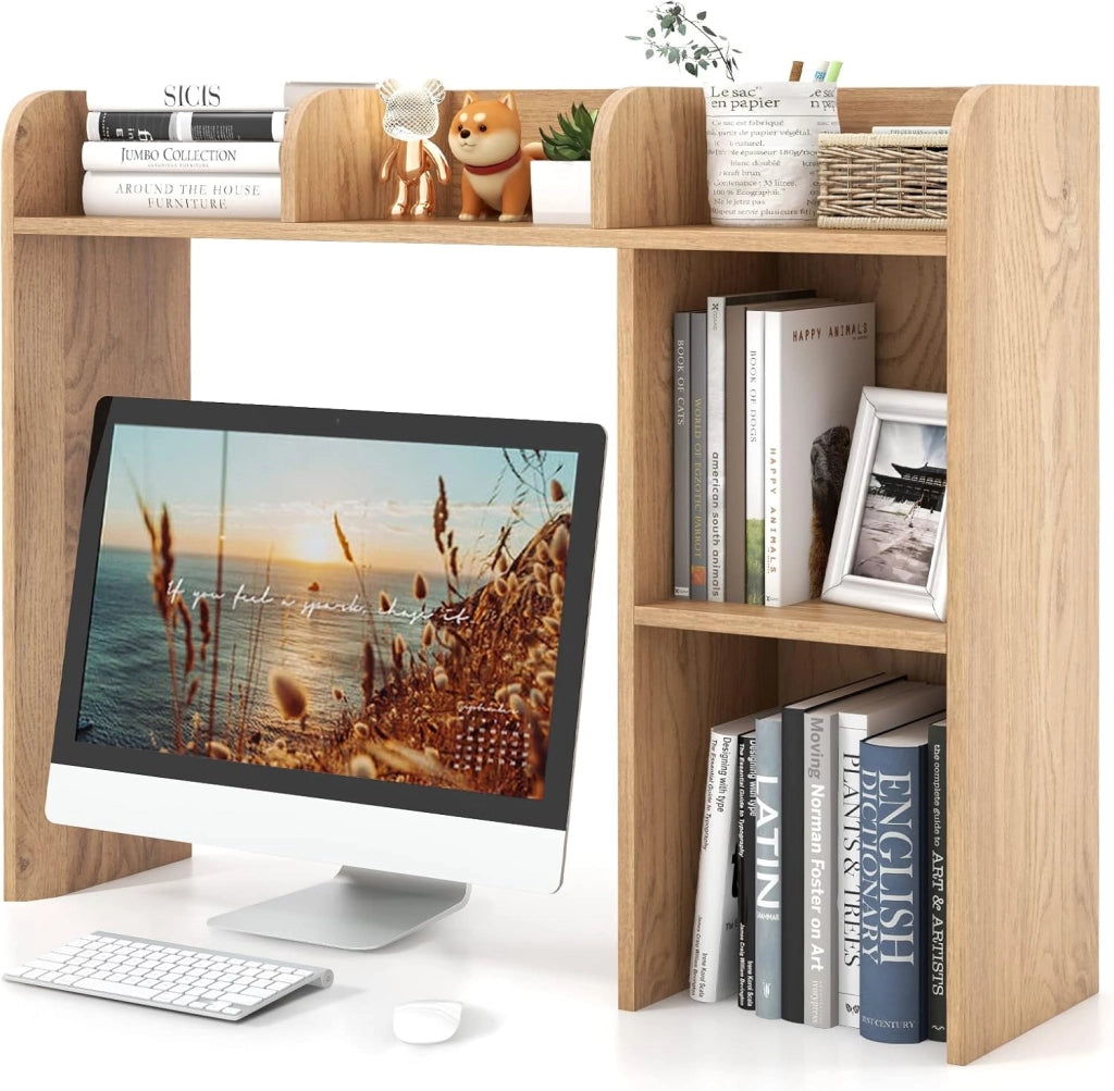 Scaffale da Scrivania in Legno, Libreria da Tavolo Salvaspazio con 4 Ripiani e Scomparto Aperto, Scaffale Espositivo per Computer, Casa Ufficio, 94x25x74 cm (Naturale)