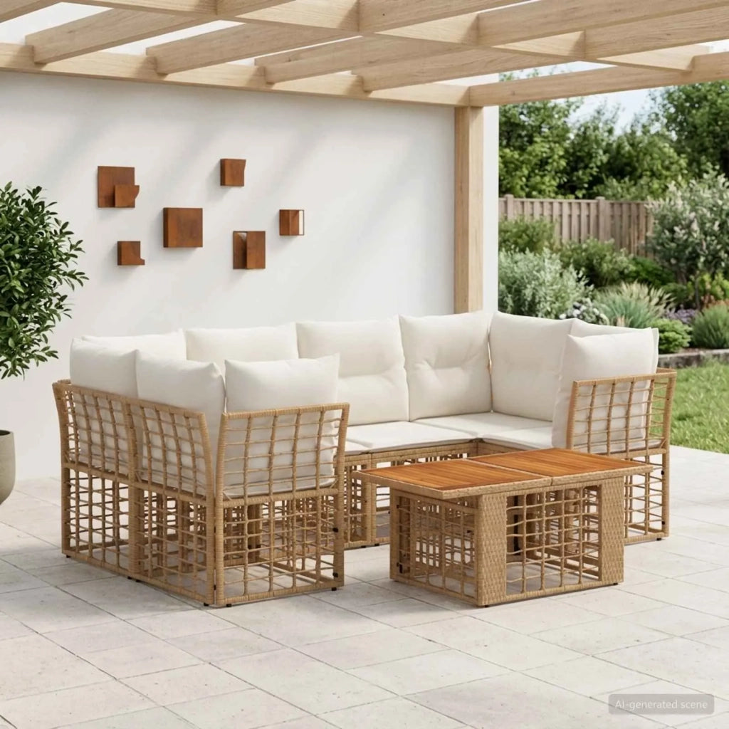 Set Divano da Giardino 7 pz Naturale e Bianco Crema polyrattan 3437836