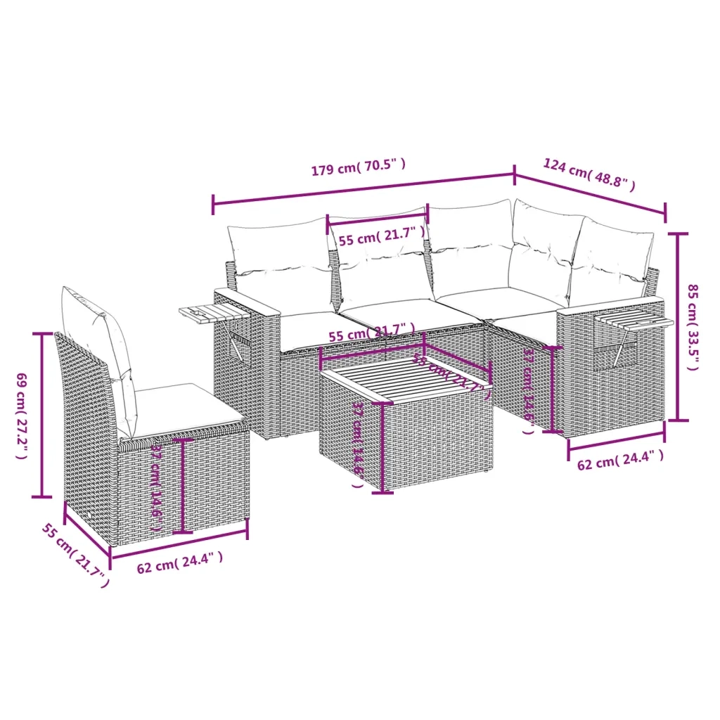 Set Divano da Giardino 6 pz con Cuscini Beige in Polyrattan