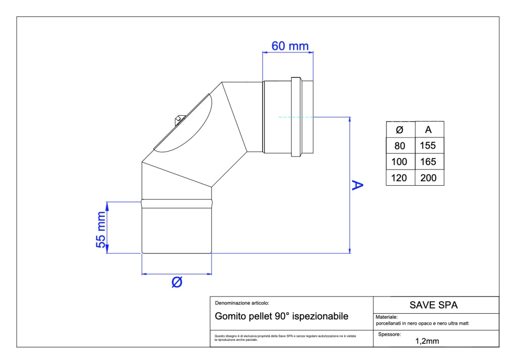 GOMITO A 90  ° CON ISPEZIONE PER STUFE A PELLET 'LIGHT'  EE ? 80 mm - SAVE