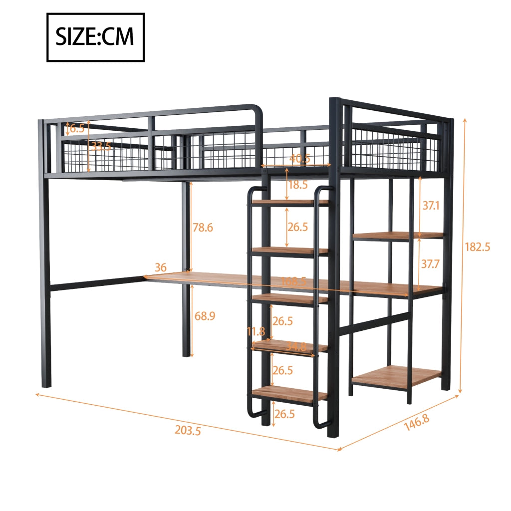 LETTO A CASTELLO 140x200 cm in metallo nero con tavolo e ripiani