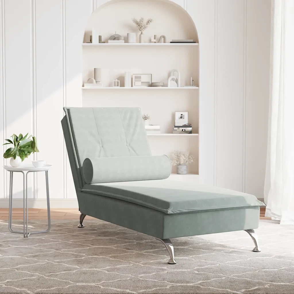 Chaise Longue Massaggi Cuscino a Rullo Grigio Chiaro in Velluto 379450