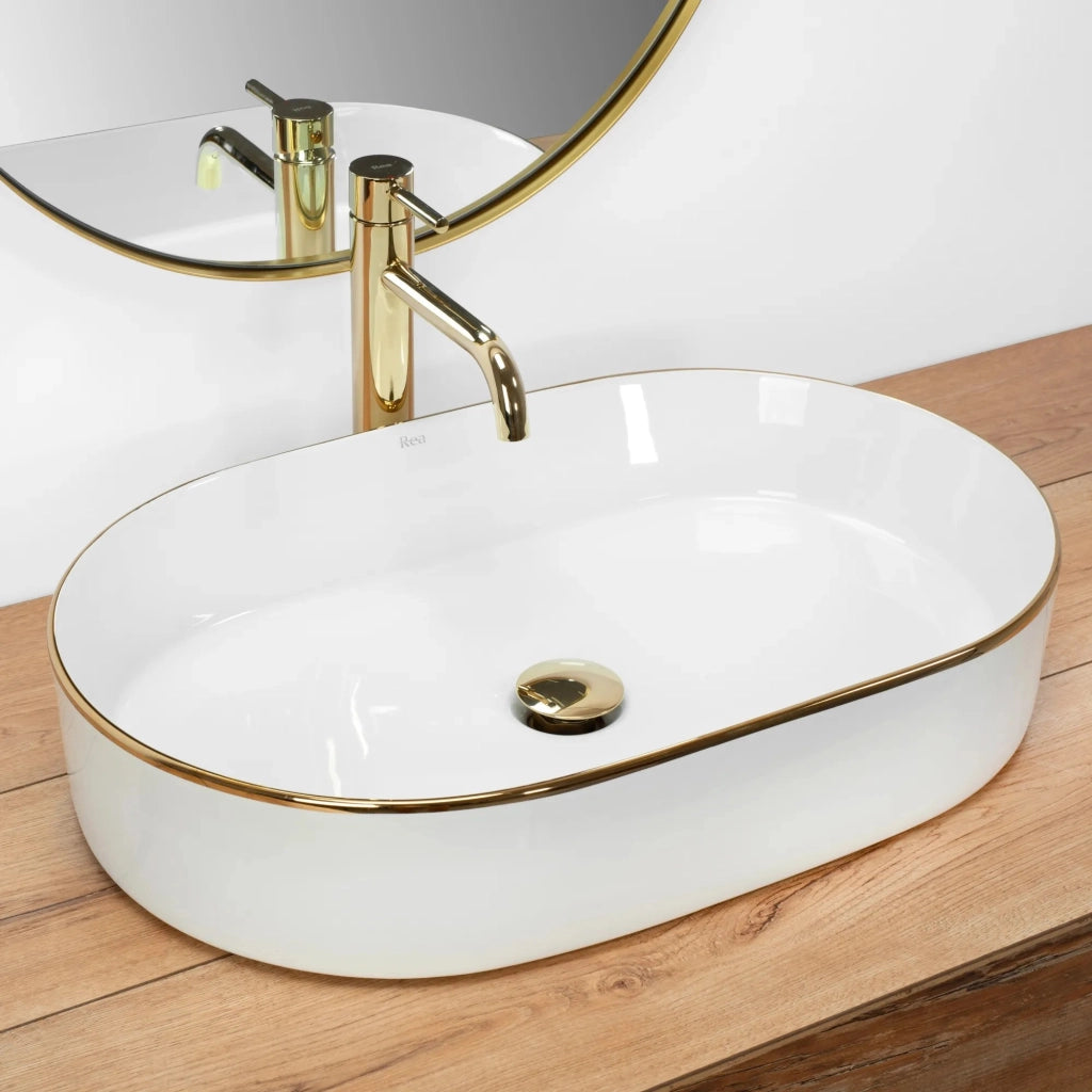 Lavabo Da Appoggio In Ceramica Rea Nadia White Gold Edge