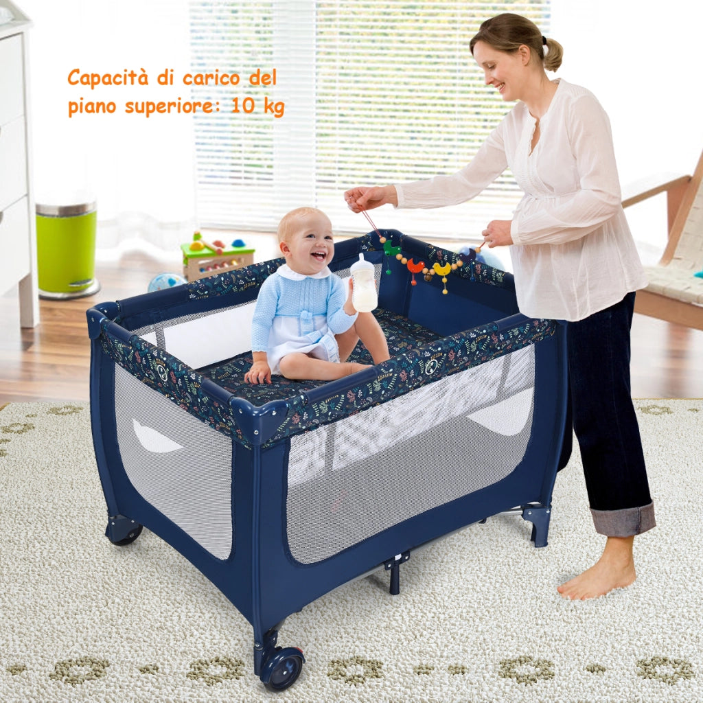 Box portatile per bambini con design pieghevole e 2 ruote, Centro attivit¨¤ resistente e durevole 125x65x76cm Blu