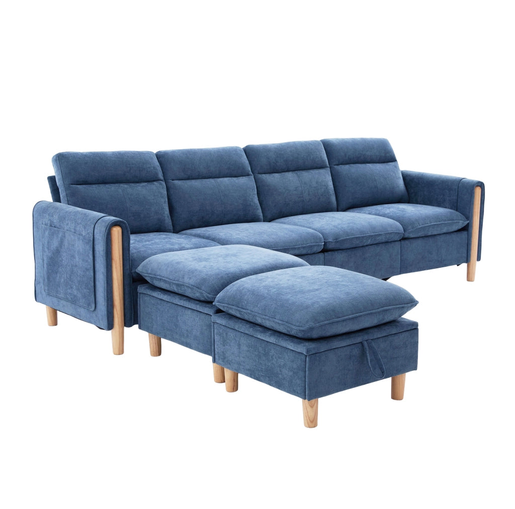 Divano modulare a U per 4 posti con 2 pouf contenitore; in chenille blu; 261 cm