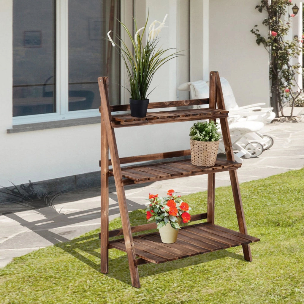 EasyComfort Portapiante Pieghevole Portavasi in Legno di Abete con 3 Livelli Scaffale da Esterno per Piante Portafiori 80x37x93cm