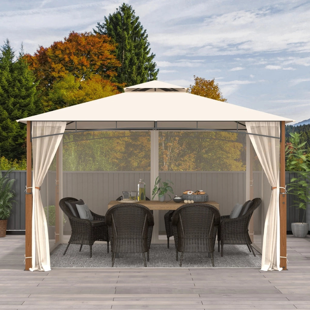 Gazebo da esterno 3,6x3m con reti tetto a doppio strato telaio metallico, Rifugio solare impermeabile per patio Beige