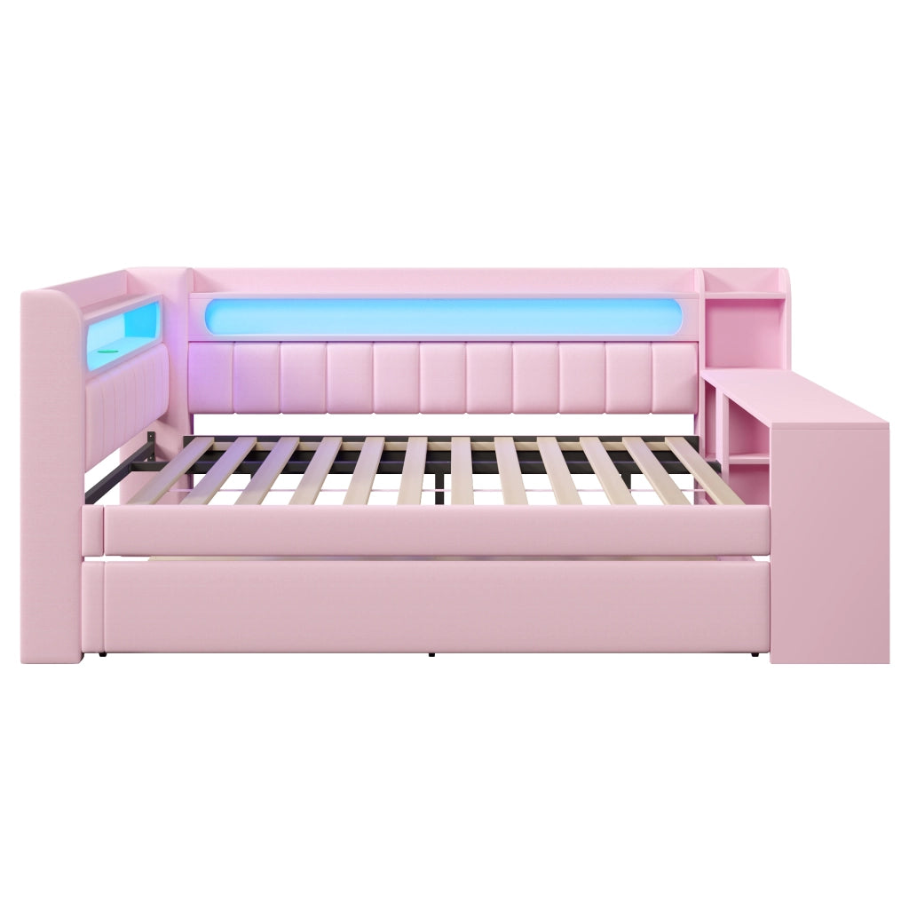 Letto a Divanetto 140x200 cm - USB; LED; con Letto Estraibile e Scrivania - Rosa