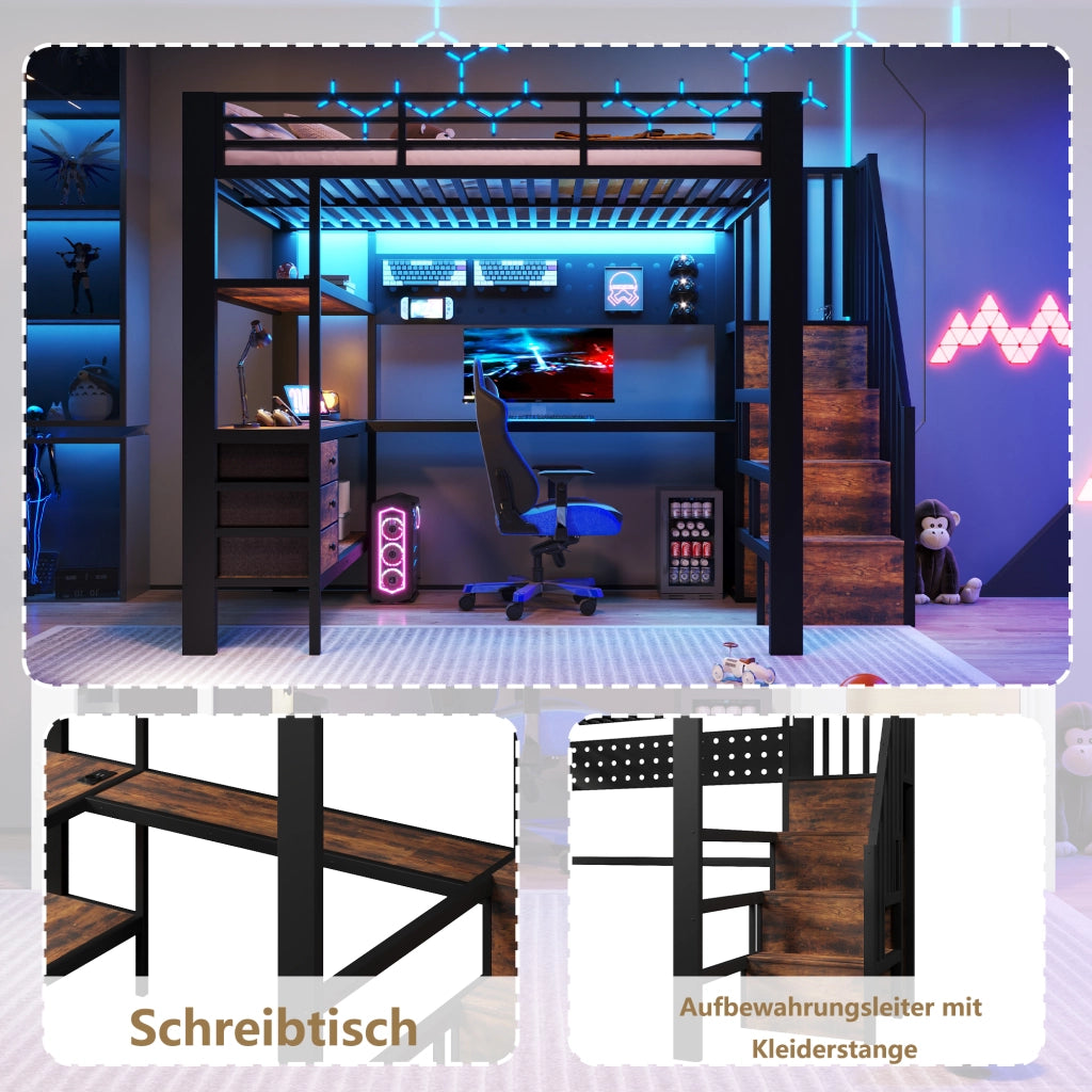 LETTO a soppalco 140x200 cm in metallo e MDF nero con scrivania