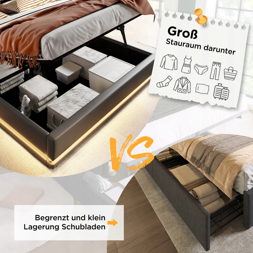 Letto imbottito 140x200 grigio - Xylo - Idraulico, LED, USB-C