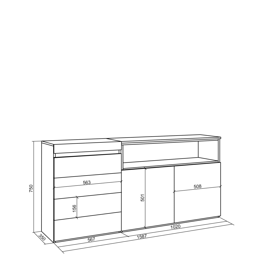 Cassettiera, 157x35x75cm, Camera da letto, Con Stoccaggio, Bianco e nero RF3421