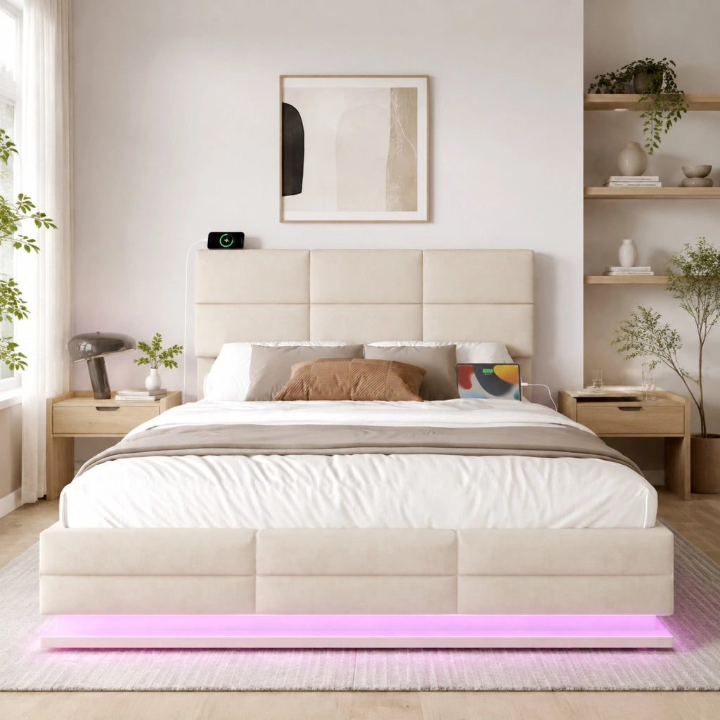 LETTO moderno 160x200 cm in velluto beige con LED, USB e contenitore